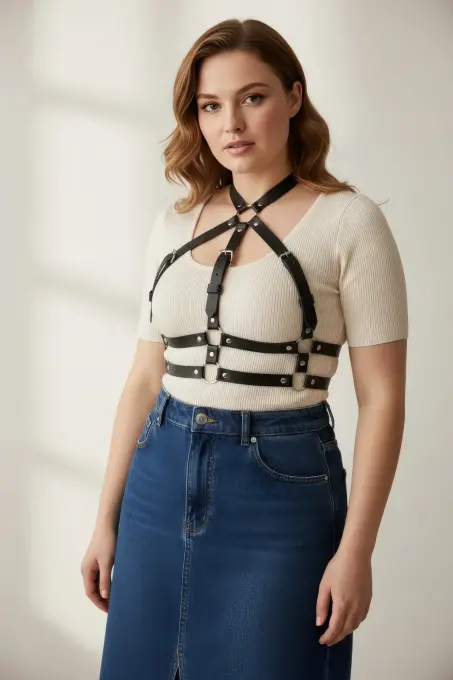 Büyük Beden Siyah Kadın Kemer Ayarlanabilir Deri Harness Vücut Aksesuarı - APFT218 - 3