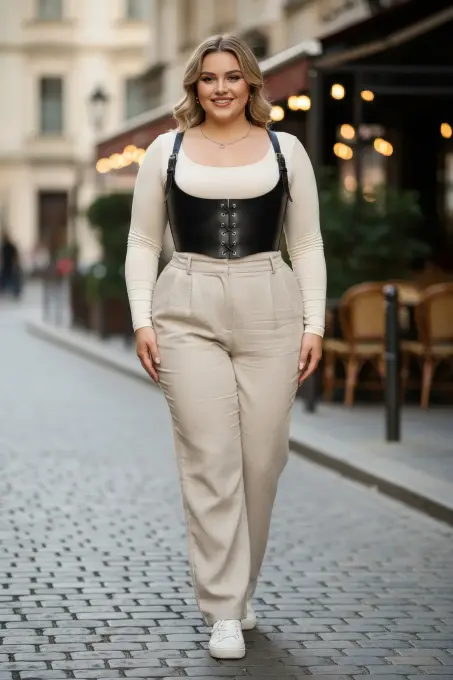 Büyük Beden Siyah Kadın Kemer Bağcıklı Korse Detaylı Deri Görünümlü - APFT1428 - 1