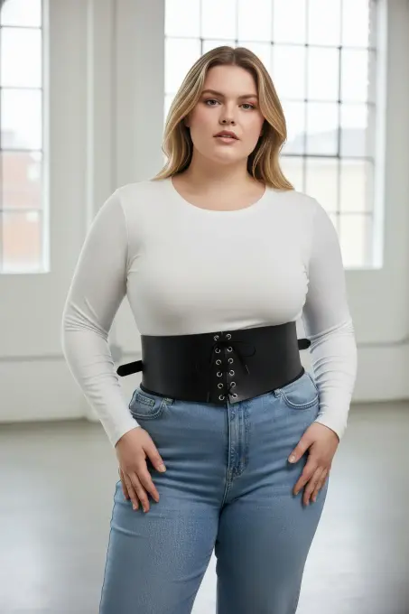 Büyük Beden Siyah Kadın Kemer Bağcıklı Korse Detaylı Elbise Kombin - APFT1127 - 3