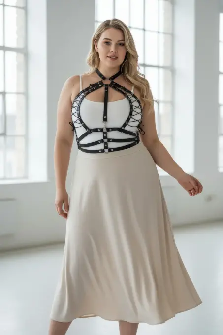 Büyük Beden Siyah Kadın Kemer Bağcıklı Korse Tarzı Deri Harness - APFT1077 - 1