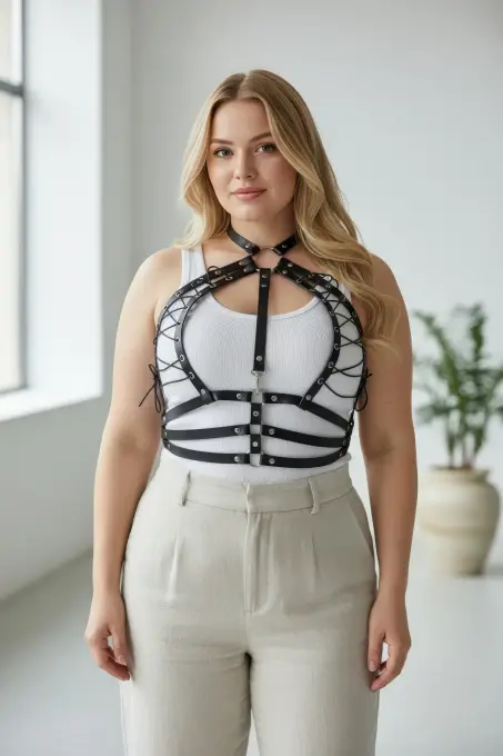 Büyük Beden Siyah Kadın Kemer Bağcıklı Korse Tarzı Deri Harness - APFT1077 - Angels Passion (1)