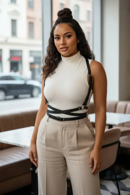 Büyük Beden Siyah Kadın Kemer Çapraz Askılı Deri Vücut Aksesuarı - APFT198 - 1