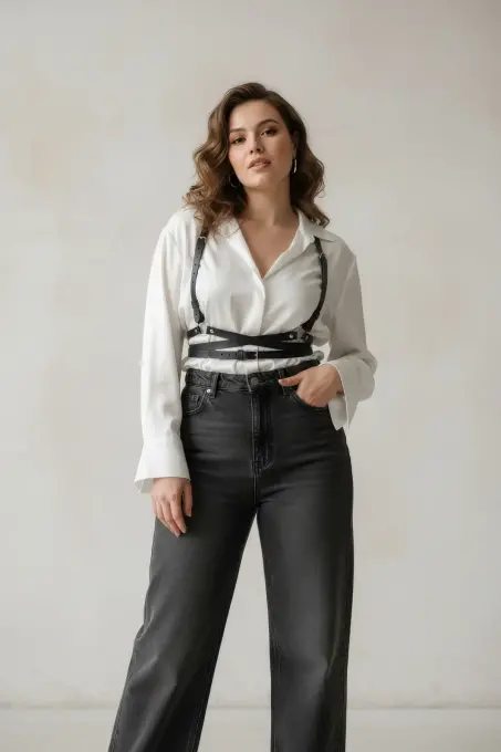 Büyük Beden Siyah Kadın Kemer Çapraz Askılı Deri Vücut Aksesuarı - APFT198 - Angels Passion (1)