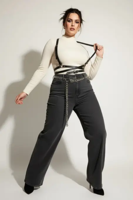 Büyük Beden Siyah Kadın Kemer Çapraz Askılı Deri Vücut Aksesuarı - APFT198 - 3