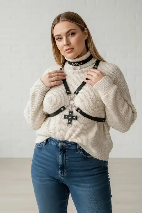 Büyük Beden Siyah Kadın Kemer Choker Yaka Haç Detaylı Deri Harness - APFT404 - 1