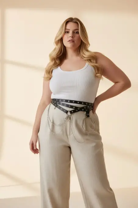 Büyük Beden Siyah Kadın Kemer Çok Katmanlı Zincir ve Zımba Detaylı - APFT621 - 5