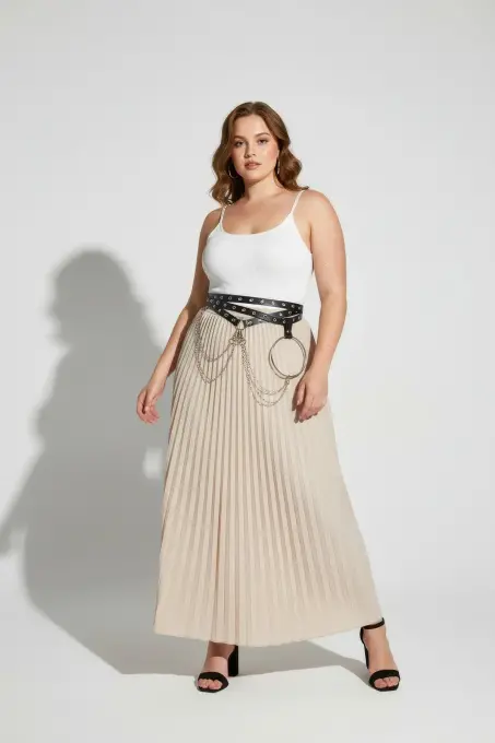 Büyük Beden Siyah Kadın Kemer Çok Katmanlı Zincir ve Zımba Detaylı - APFT621 - 7