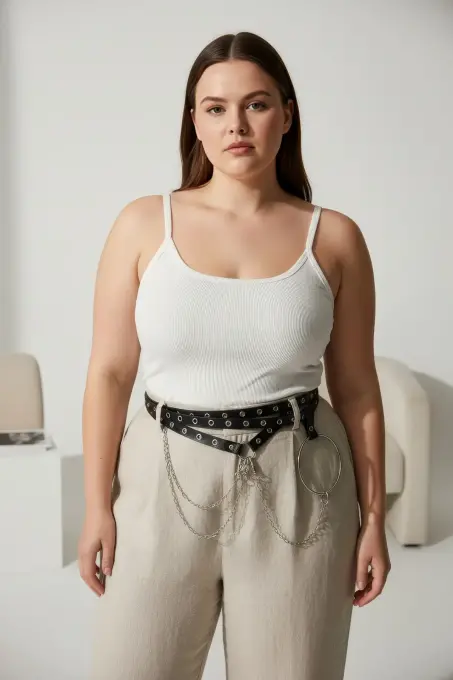 Büyük Beden Siyah Kadın Kemer Çok Katmanlı Zincir ve Zımba Detaylı - APFT621 - 8