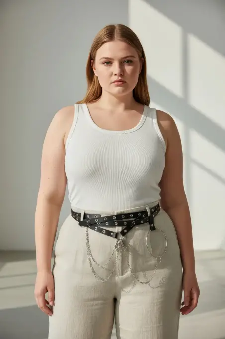 Büyük Beden Siyah Kadın Kemer Çok Katmanlı Zincir ve Zımba Detaylı - APFT621 - Angels Passion (1)