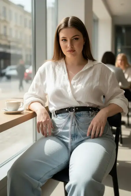 Büyük Beden Siyah Kadın Kemer Çoklu Zincir Detaylı Kombin Aksesuarı - APFT512 - 1