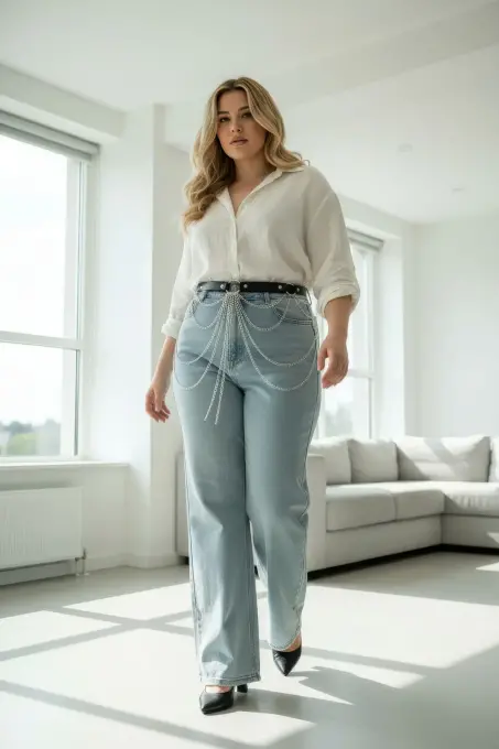 Büyük Beden Siyah Kadın Kemer Çoklu Zincir Detaylı Kombin Aksesuarı - APFT512 - 2