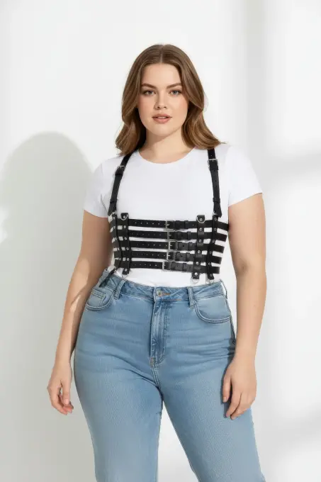 Büyük Beden Siyah Kadın Kemer Deri Body Harness Korse Stil - APFT630 - 2
