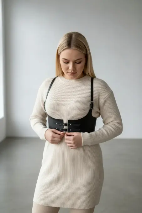 Büyük Beden Siyah Kadın Kemer Deri Harness Detaylı Şık Vücut Aksesuarı - APFT605 - 3