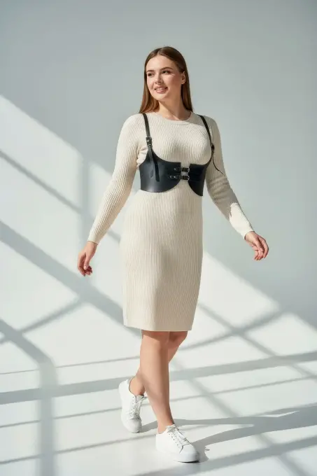 Büyük Beden Siyah Kadın Kemer Deri Harness Detaylı Şık Vücut Aksesuarı - APFT605 - 4