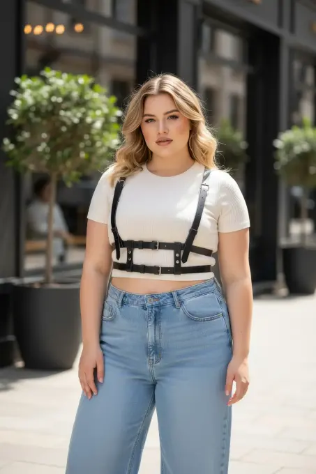 Büyük Beden Siyah Kadın Kemer Deri Harness Görünümlü Ayarlanabilir Vücut Aksesuarı - APFT941 - 1