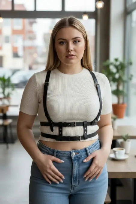 Büyük Beden Siyah Kadın Kemer Deri Harness Görünümlü Ayarlanabilir Vücut Aksesuarı - APFT941 - 2