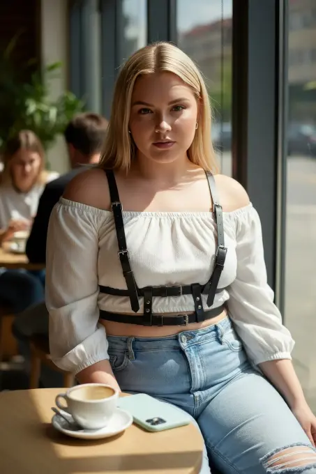 Büyük Beden Siyah Kadın Kemer Deri Harness Görünümlü Ayarlanabilir Vücut Aksesuarı - APFT941 - 4