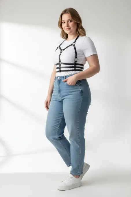 Büyük Beden Siyah Kadın Kemer Deri Harness Metal Detaylı - APFT760 - 2