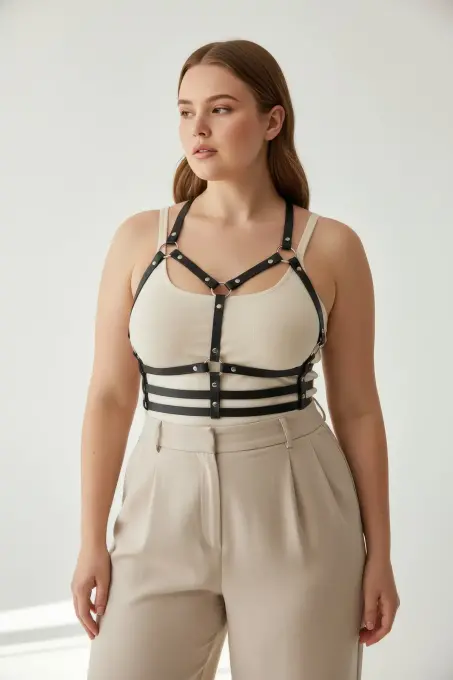 Büyük Beden Siyah Kadın Kemer Deri Harness Metal Detaylı - APFT760 - 3