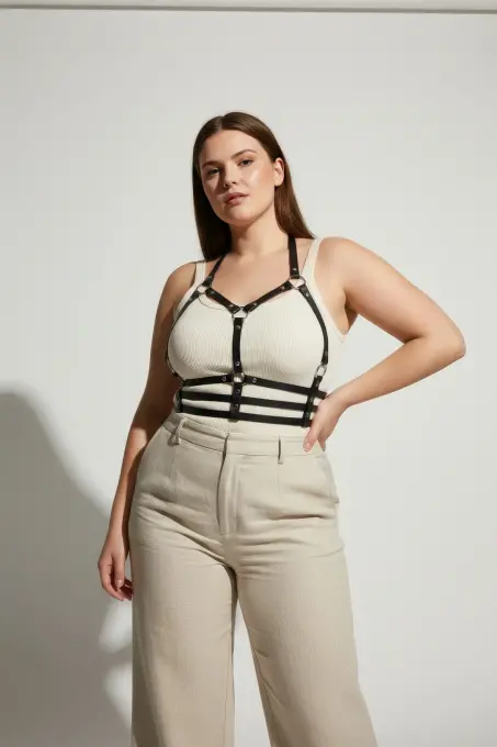 Büyük Beden Siyah Kadın Kemer Deri Harness Metal Detaylı - APFT760 - 4