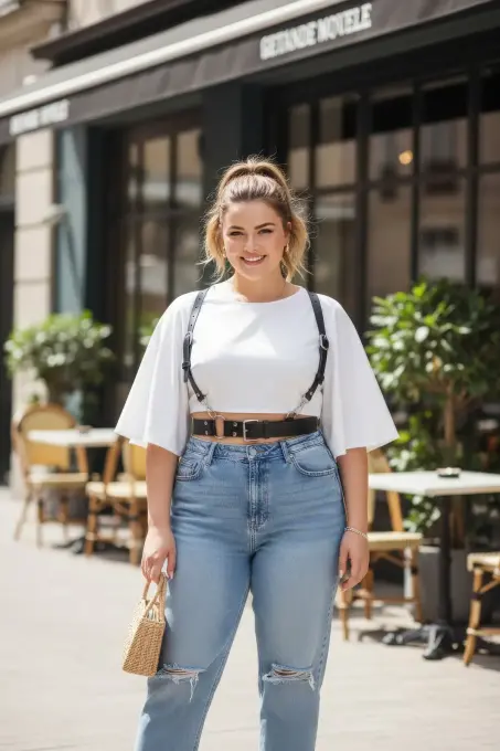 Büyük Beden Siyah Kadın Kemer Deri Harness Stil Halka Detaylı Vücut Aksesuarı - APFT934 - 1