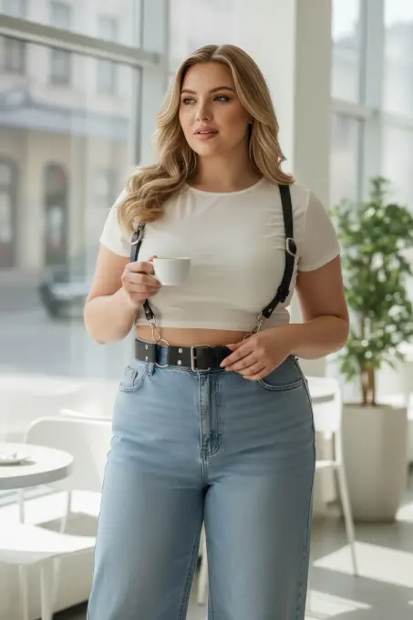 Büyük Beden Siyah Kadın Kemer Deri Harness Stil Halka Detaylı Vücut Aksesuarı - APFT934 - 2