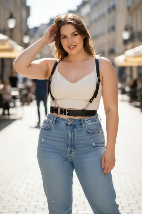 Büyük Beden Siyah Kadın Kemer Deri Harness Stil Halka Detaylı Vücut Aksesuarı - APFT934 - 4