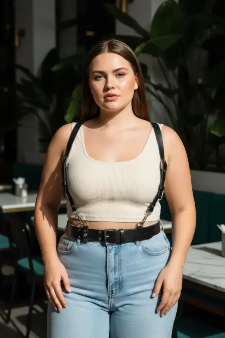 Büyük Beden Siyah Kadın Kemer Deri Harness Stil Halka Detaylı Vücut Aksesuarı - APFT934 - 5