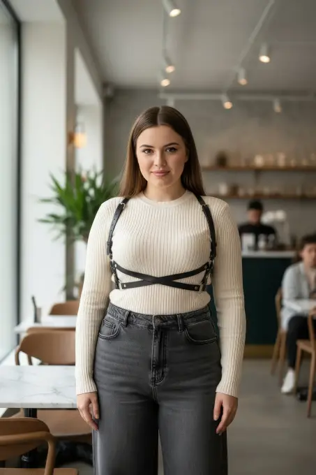 Büyük Beden Siyah Kadın Kemer Deri Harness Vücut Aksesuarı Çapraz Detaylı - APFT204 - 1