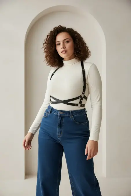 Büyük Beden Siyah Kadın Kemer Deri Harness Vücut Aksesuarı Çapraz Detaylı - APFT204 - 2