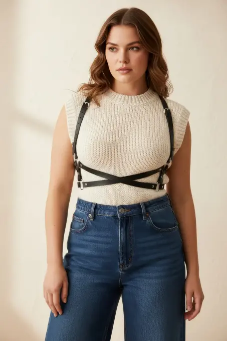 Büyük Beden Siyah Kadın Kemer Deri Harness Vücut Aksesuarı Çapraz Detaylı - APFT204 - 3