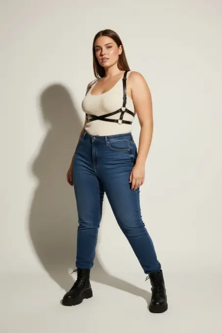 Büyük Beden Siyah Kadın Kemer Deri Harness Vücut Aksesuarı Çapraz Detaylı - APFT204 - 4