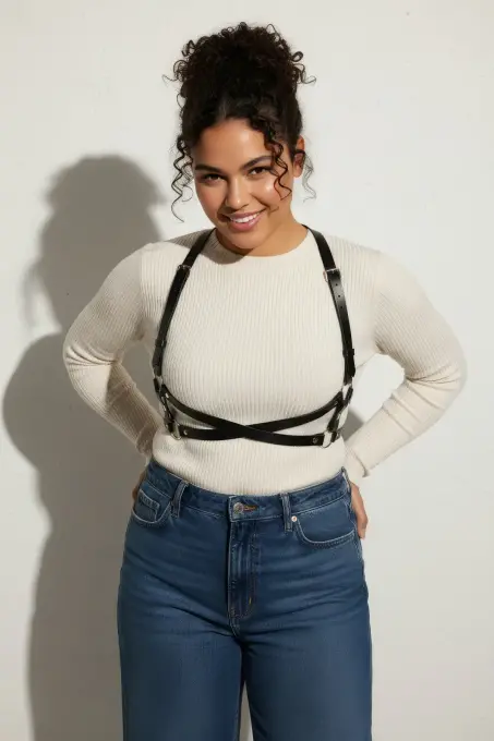 Büyük Beden Siyah Kadın Kemer Deri Harness Vücut Aksesuarı Çapraz Detaylı - APFT204 - 5