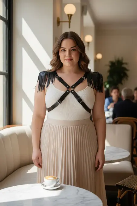 Büyük Beden Siyah Kadın Kemer Deri Harness Vücut Aksesuarı Omuz Püskül Detaylı - APFT1240 - 1