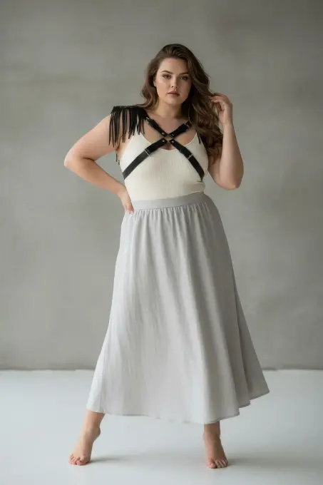 Büyük Beden Siyah Kadın Kemer Deri Harness Vücut Aksesuarı Omuz Püskül Detaylı - APFT1240 - 2