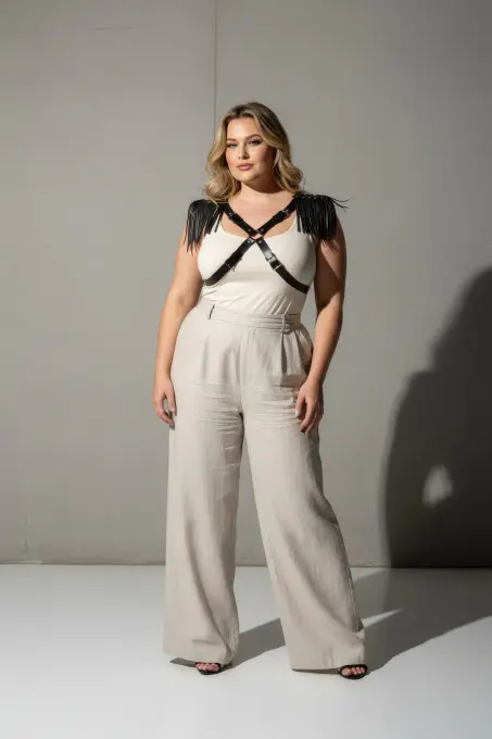 Büyük Beden Siyah Kadın Kemer Deri Harness Vücut Aksesuarı Omuz Püskül Detaylı - APFT1240 - 4