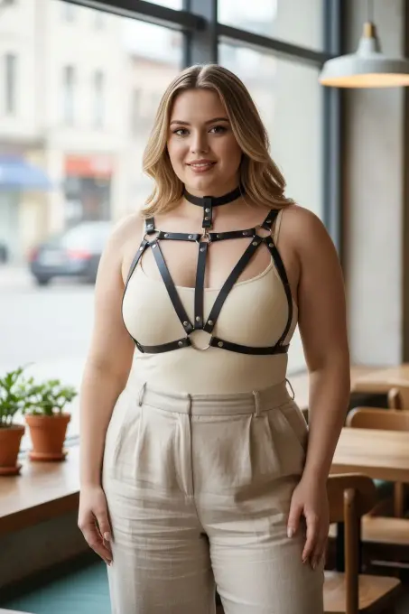 Büyük Beden Siyah Kadın Kemer Deri Vücut Aksesuarı Choker Detaylı - APFT747 - 1