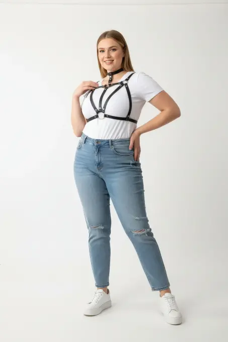 Büyük Beden Siyah Kadın Kemer Deri Vücut Aksesuarı Choker Detaylı - APFT747 - 2