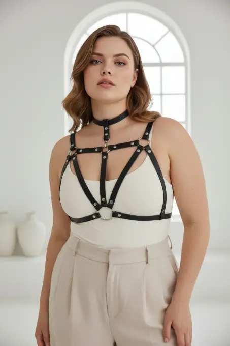 Büyük Beden Siyah Kadın Kemer Deri Vücut Aksesuarı Choker Detaylı - APFT747 - 3