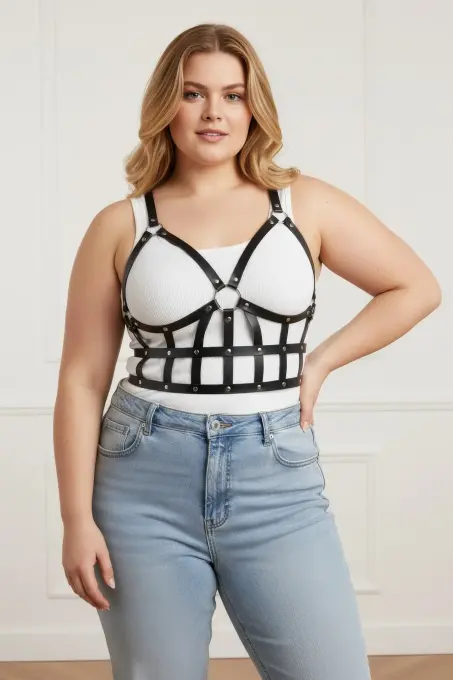 Büyük Beden Siyah Kadın Kemer Deri Vücut Harness Kombin Tamamlayıcı - APFT819 - 2