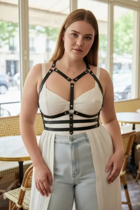 Büyük Beden Siyah Kadın Kemer Deri Vücut Harness Zımba Detaylı - APFT543 - 3