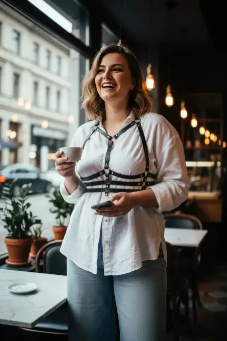 Büyük Beden Siyah Kadın Kemer Deri Vücut Harness Zımba Detaylı - APFT543 - 4