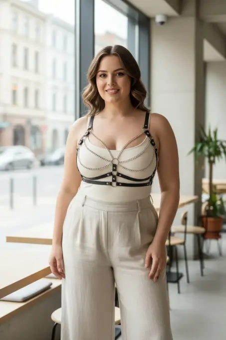 Büyük Beden Siyah Kadın Kemer Deri Zincir Detaylı Vücut Harness - APFT808 - 1