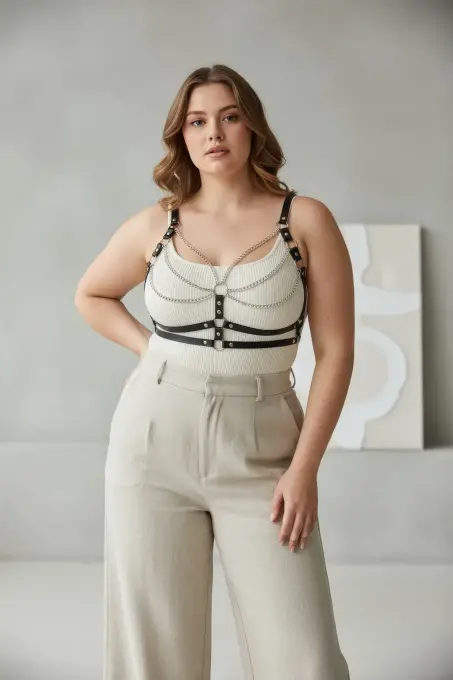 Büyük Beden Siyah Kadın Kemer Deri Zincir Detaylı Vücut Harness - APFT808 - 2