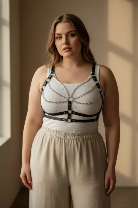 Büyük Beden Siyah Kadın Kemer Deri Zincir Detaylı Vücut Harness - APFT808 - 3