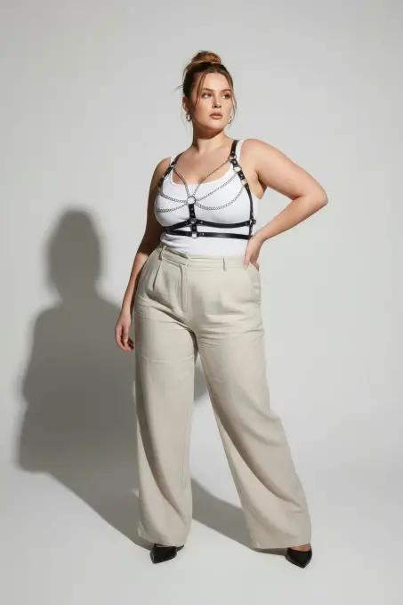 Büyük Beden Siyah Kadın Kemer Deri Zincir Detaylı Vücut Harness - APFT808 - 4