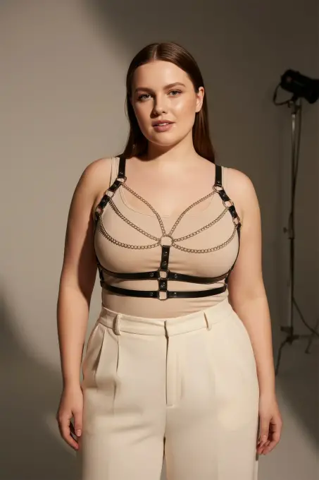 Büyük Beden Siyah Kadın Kemer Deri Zincir Detaylı Vücut Harness - APFT808 - 5
