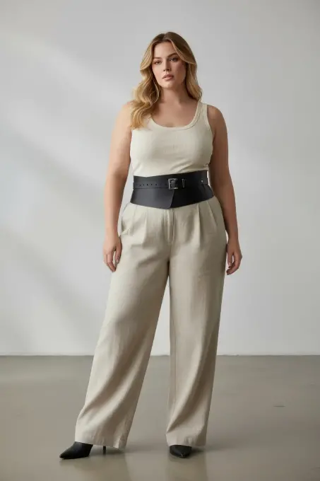 Büyük Beden Siyah Kadın Kemer Geniş Kesimli Korsaj Elbise Üstü - APFT1128 - 2