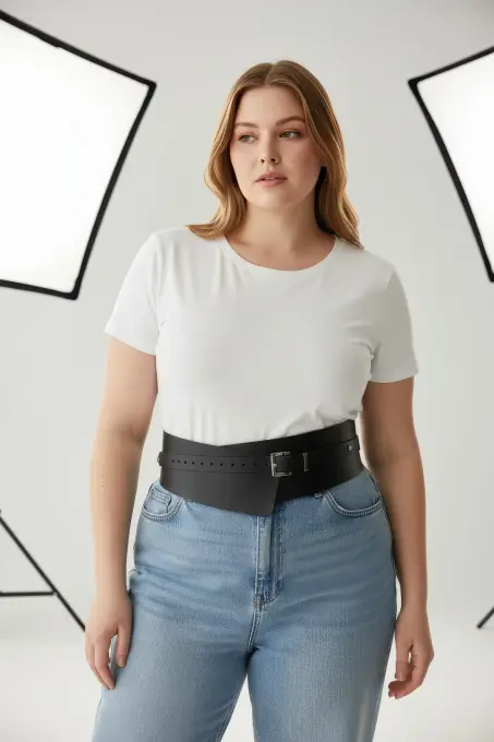 Büyük Beden Siyah Kadın Kemer Geniş Kesimli Korsaj Elbise Üstü - APFT1128 - 3