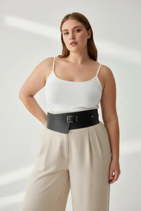 Büyük Beden Siyah Kadın Kemer Geniş Kesimli Korsaj Elbise Üstü - APFT1128 - 5